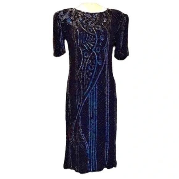 NWT VINTAGE SWEE LO Handmade Beaded & Sequin Navy Blue Cocktail Dress Deadstock - Picture 3 of 13